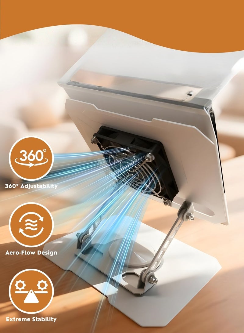 حامل تابلت قابل للتعديل مع مروحة تبريد، حامل معدني قابل للطي لأجهزة iPad، حامل مكتبي دوار 360 درجة لأجهزة التابلت من 4 إلى 16 بوصة، وأجهزة iPad وأجهزة Android - مناسب للمكتب والدراسة والألعاب - Image 2